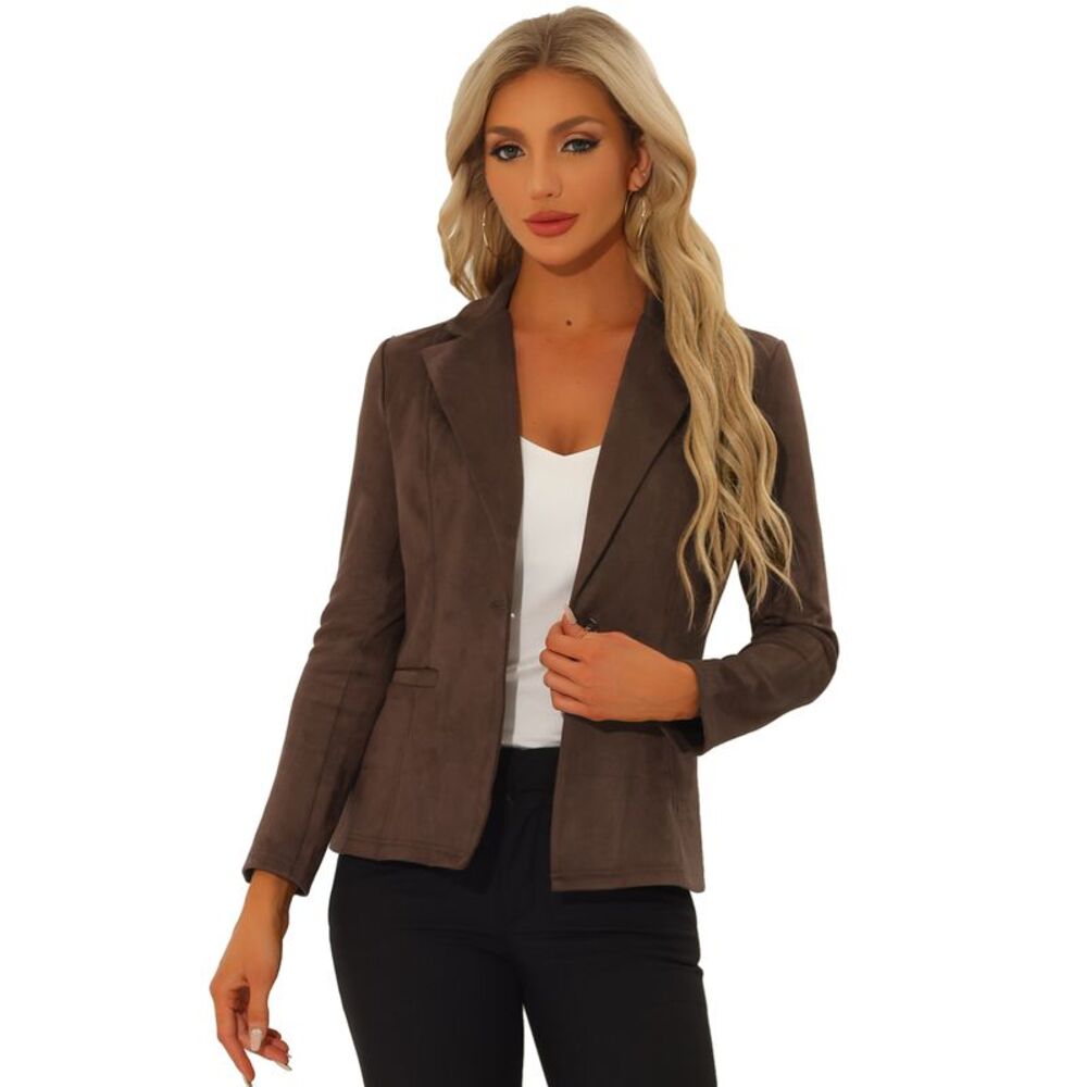 Faux Suede Casual Blazer Lapel Collar Work Office Coffee